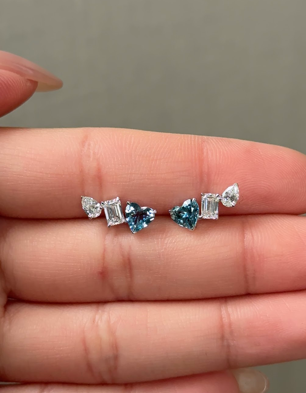 3 Stones Aquamarine and Mixed Fancy cut diamond Earrings