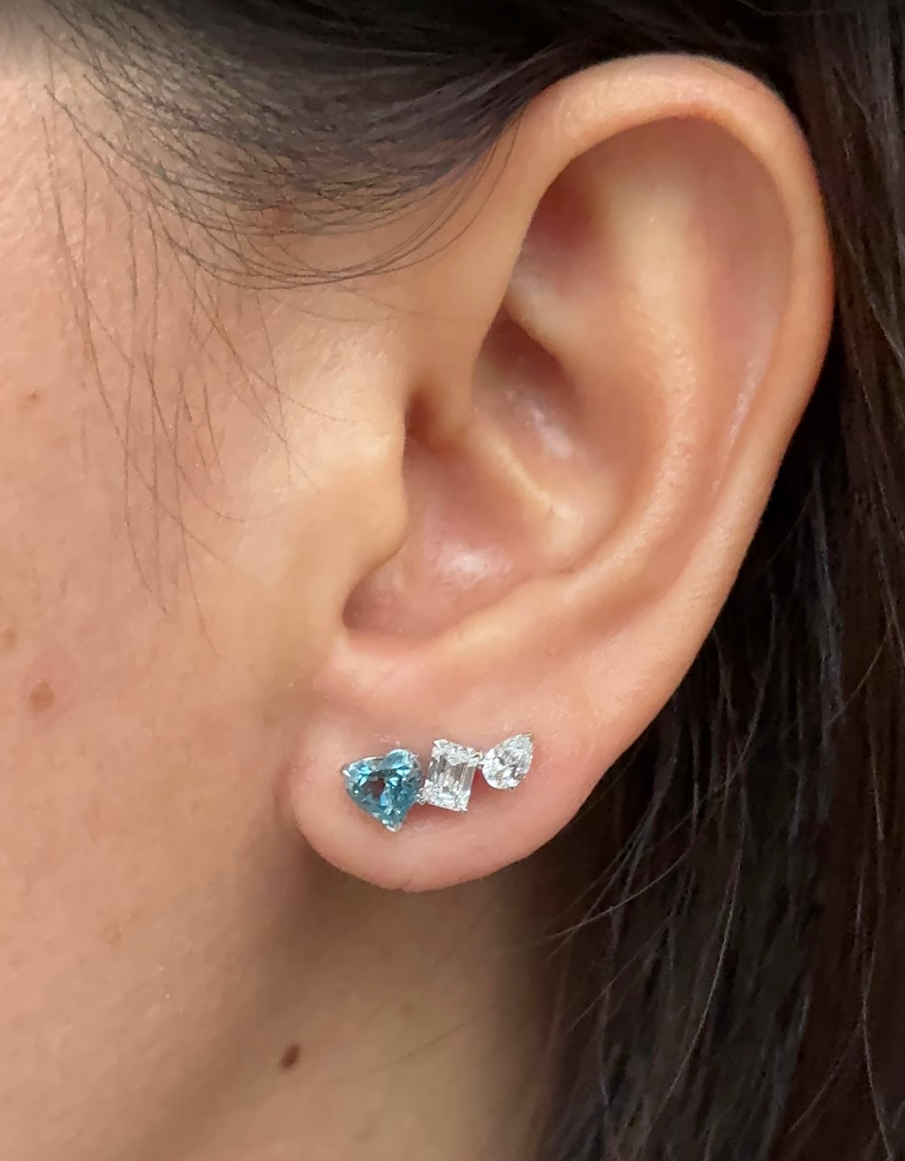 3 Stones Aquamarine and Mixed Fancy cut diamond Earrings