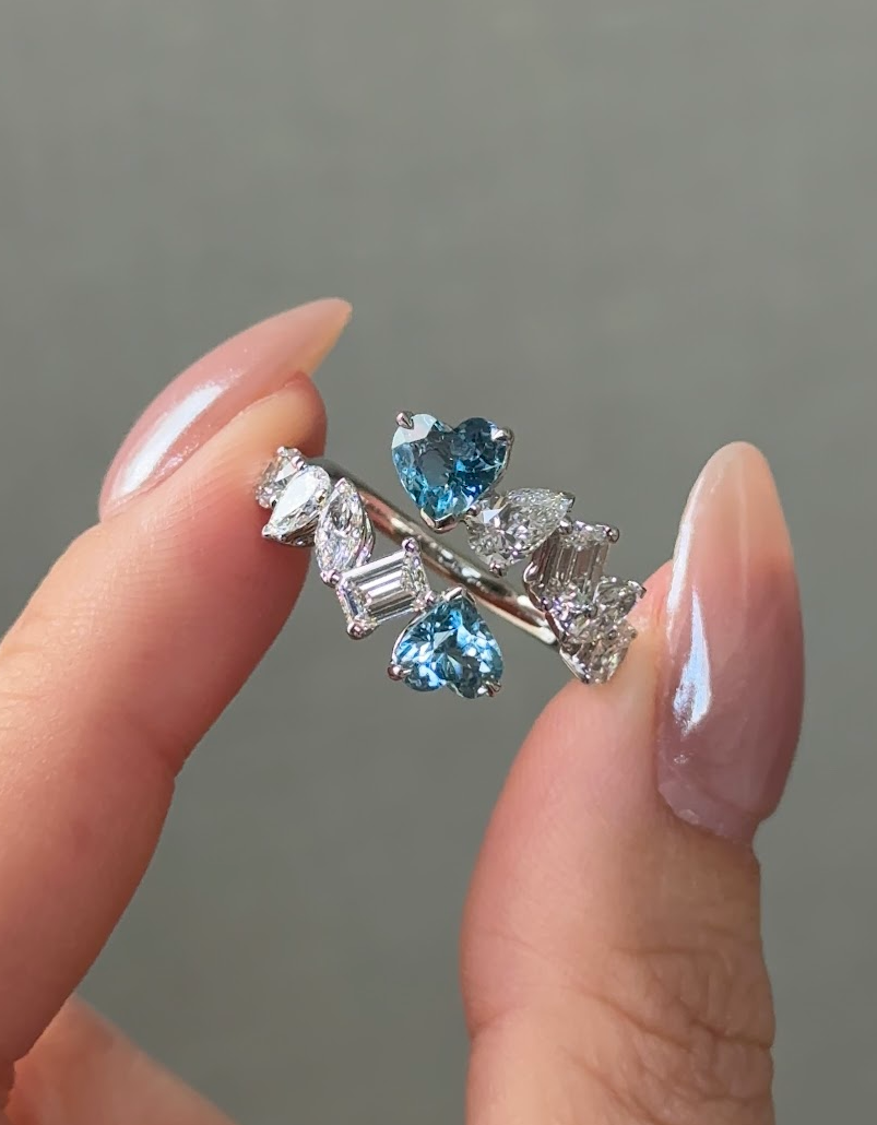 50 pointer Natural Santa Maria Aquamarine Heart Cut with Mixed Fancy Cut Diamond Celeste Open Ring