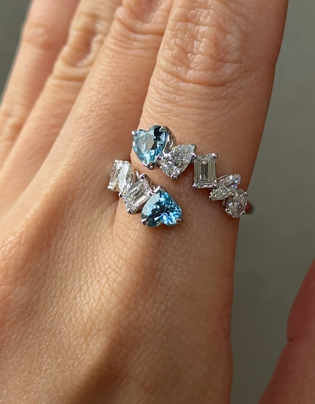 50 pointer Natural Santa Maria Aquamarine Heart Cut with Mixed Fancy Cut Diamond Celeste Open Ring