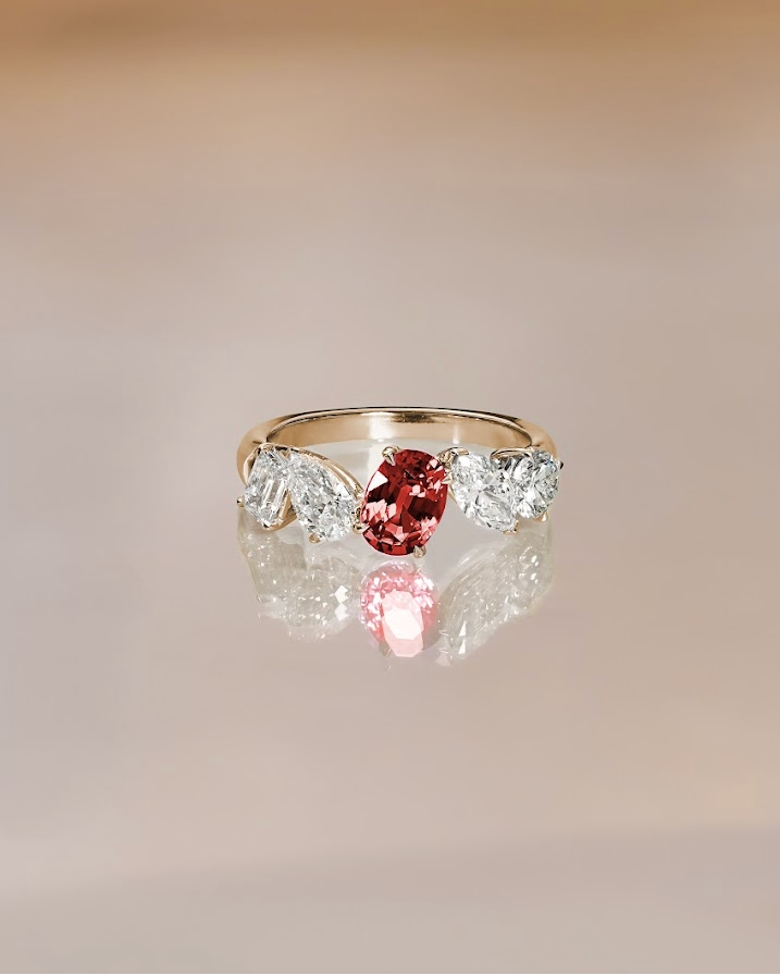 1 carat Natural Orange Sapphire Oval Cut with Mixed Fancy Cut Diamond Ring