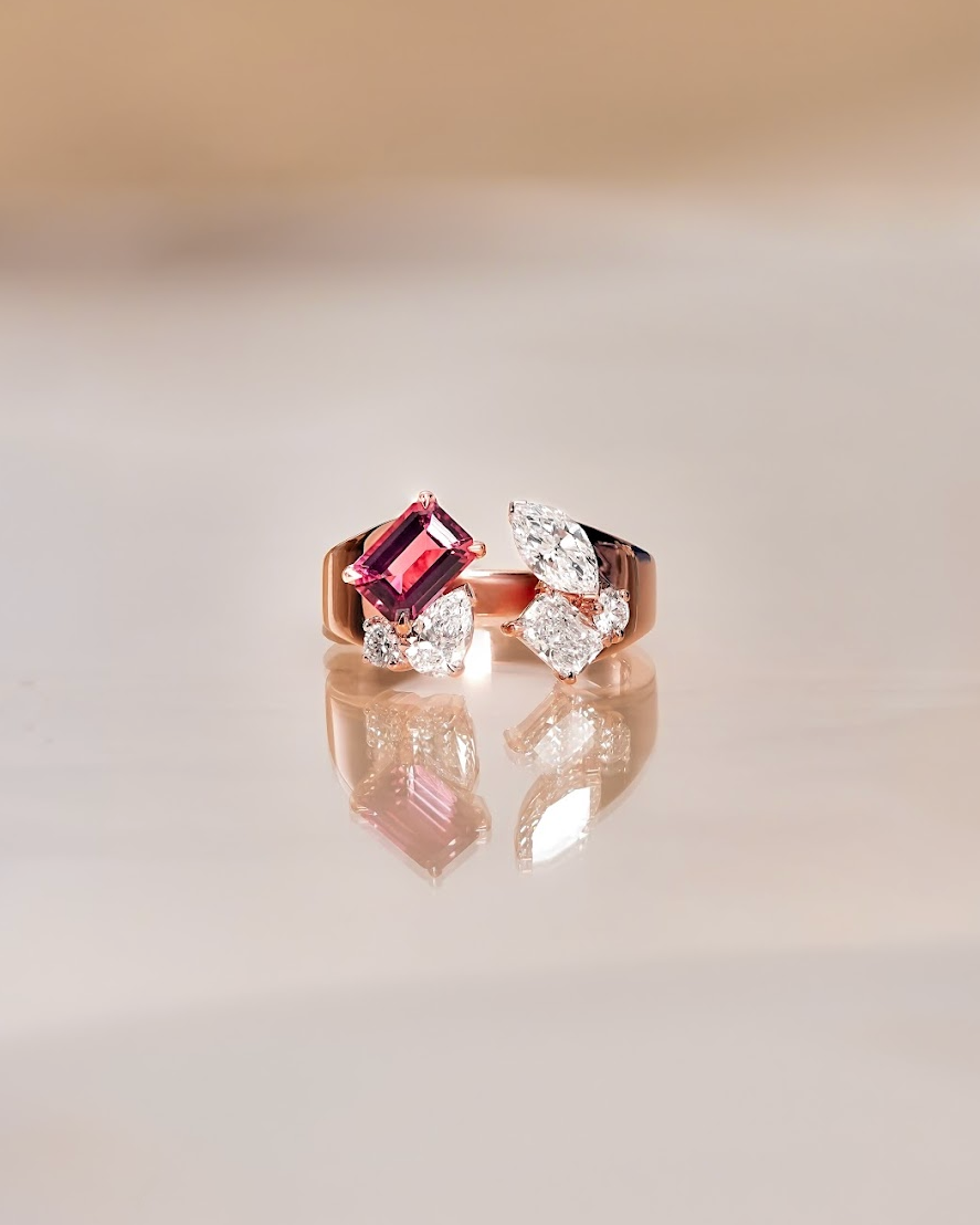 1 Carat Natural Pink Tourmaline Emerald Cut with Mixed Fancy Cut Diamond Cuff Cigar Band Ring