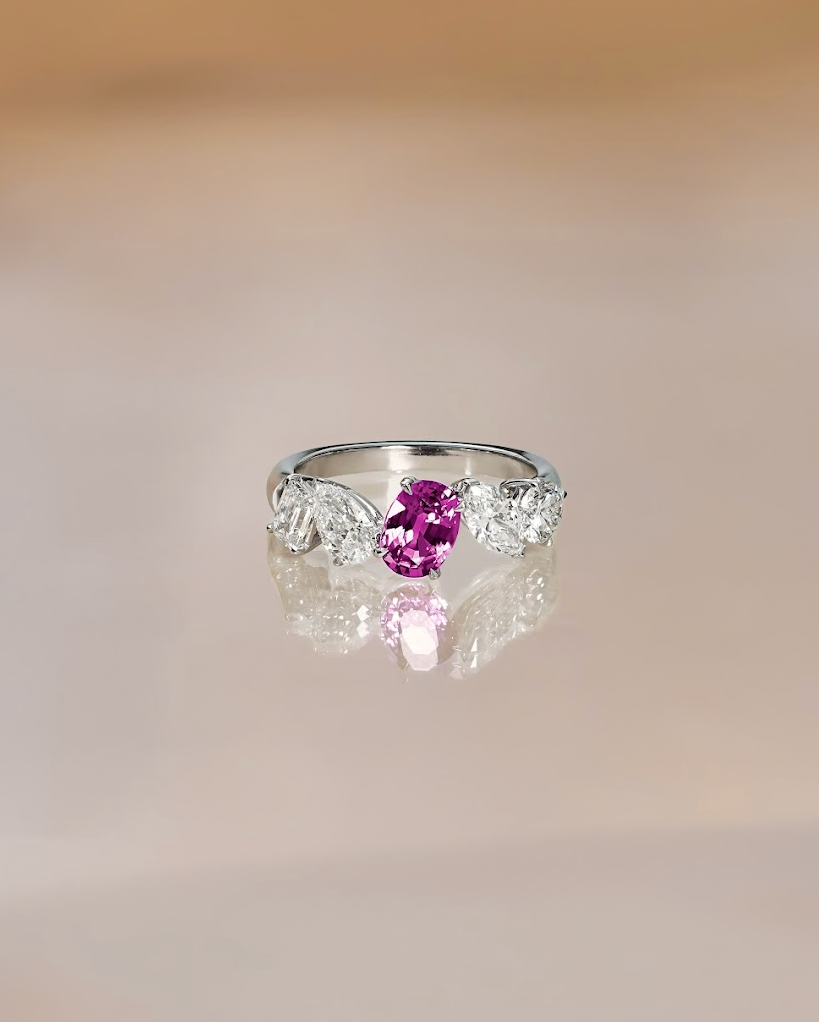 1 Carat Natural Pink Sapphire Oval Cut with Mixed Fancy Diamond Ring