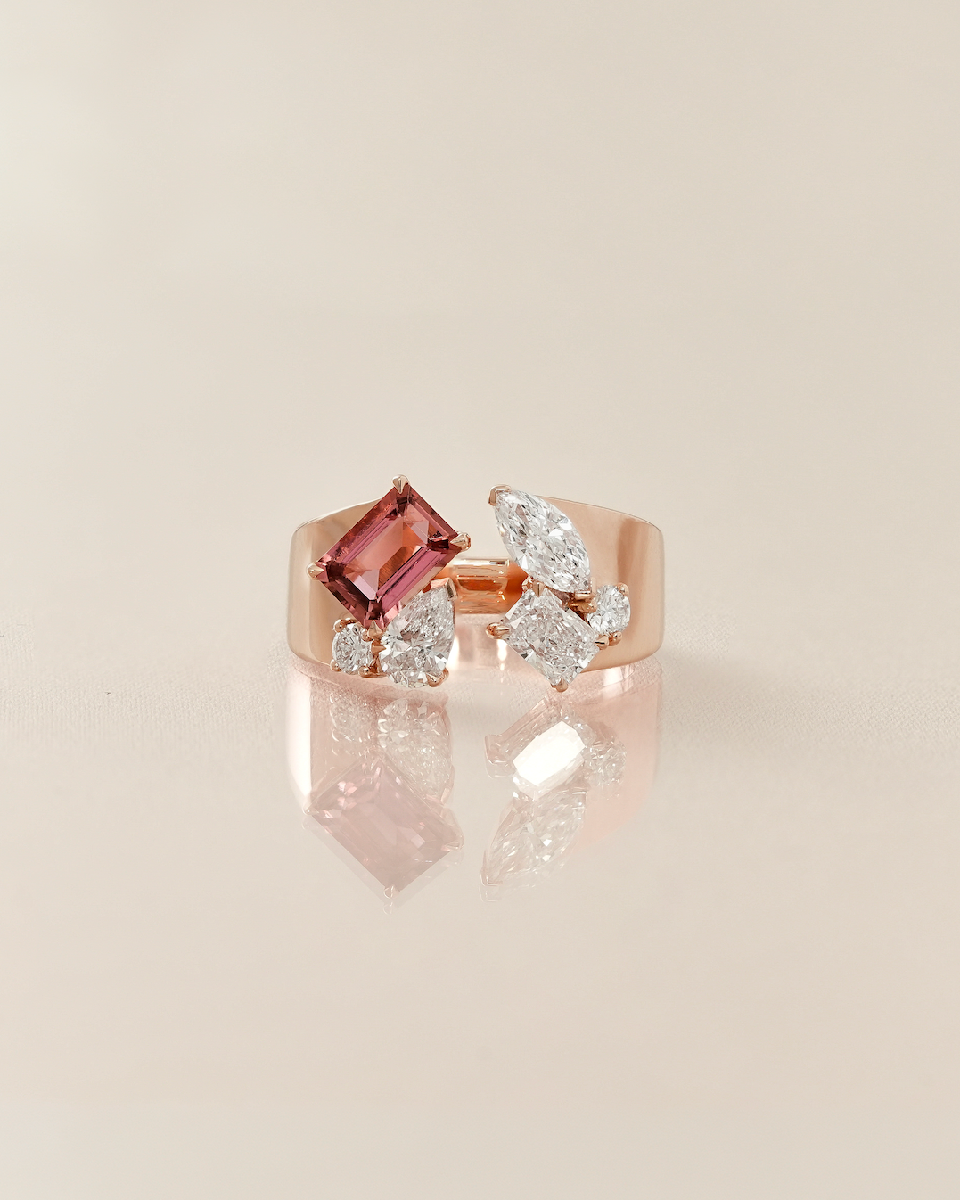 The Reserve II 80 Pointer Natural Pink Tourmaline Emerald Cut with Mixed Fancy Diamond Cigar Band Cuff Ring