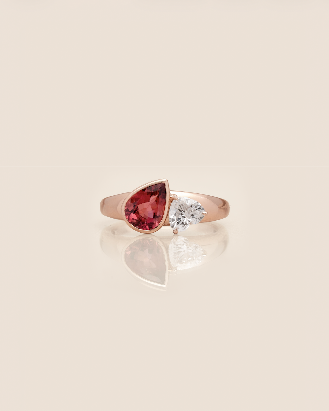 The Reserve II 1 carat Natural Pink Tourmaline Pear Cut & 50 Pointer Heart cut Diamond Toi et Moi Chunky Ring