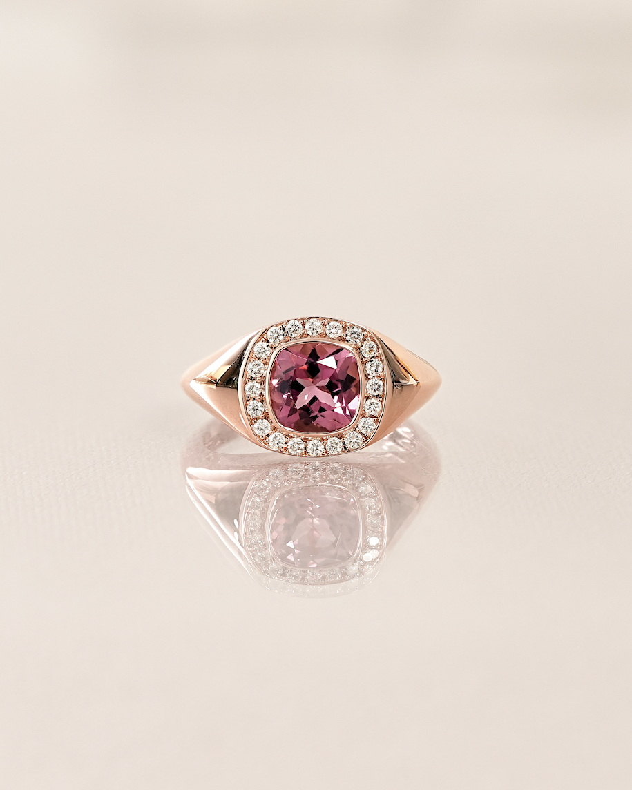 1 carat Natural Pink Tourmaline Cushion Cut with Halo Diamond Pinky Ring