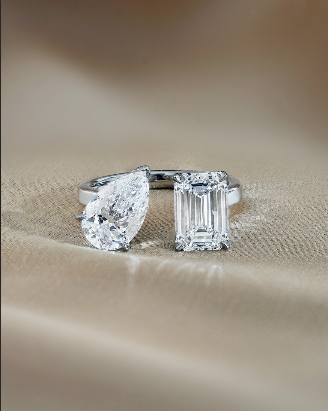 1.5 carats Pear Cut and 2 carats Emerald Diamond Cuff Ring