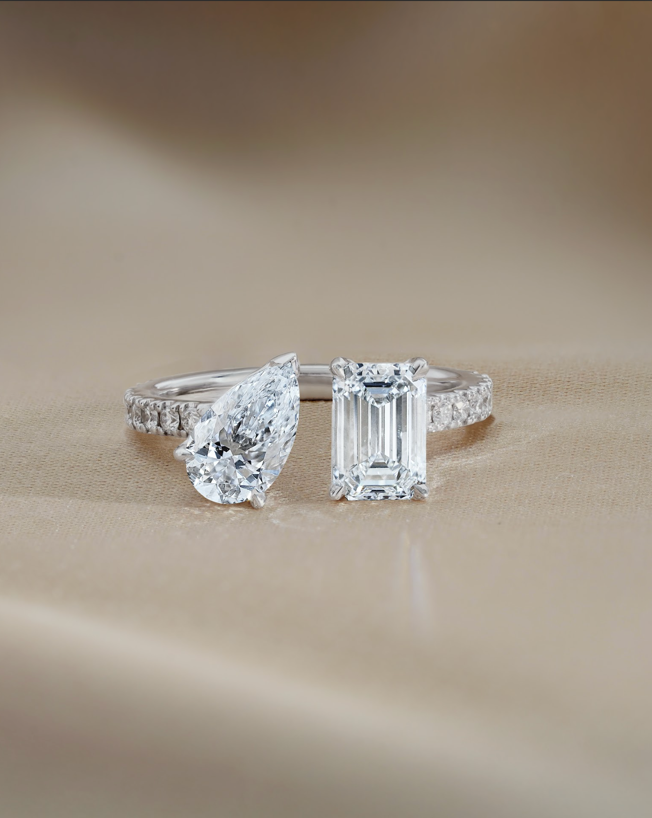 Emerald Cut and Pear Cut Diamond Cuff Ring with Micro Pave Setting