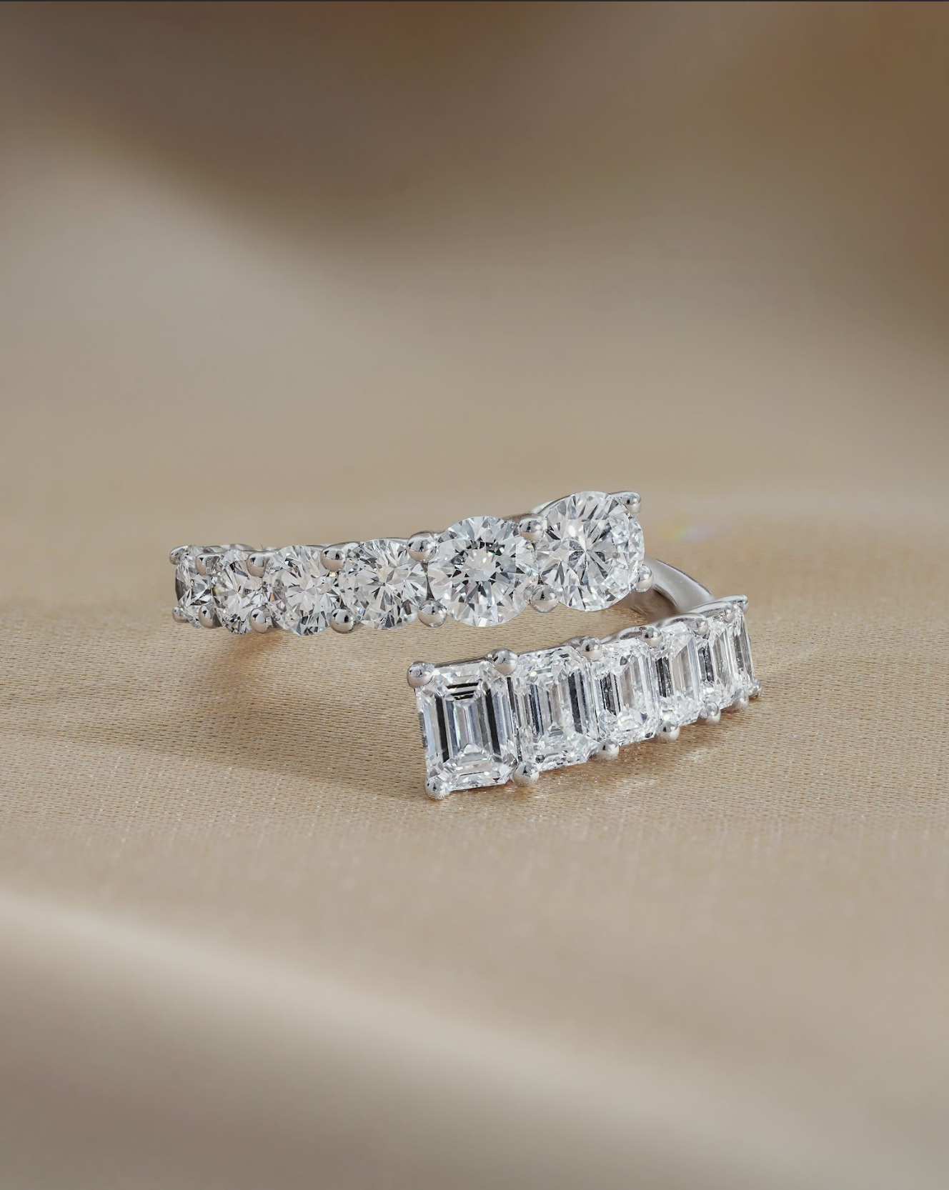 Round and Emerald Cut Diamond Graduated Open Ring